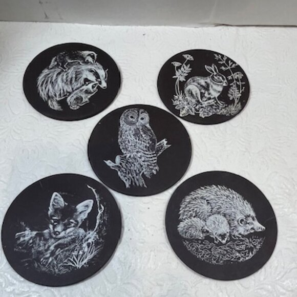 Five VTG 70's Slate Animal Coasters, Badger, Owl, Rabbit, Fox, Hedgehog 3.25" - Picture 3 of 16